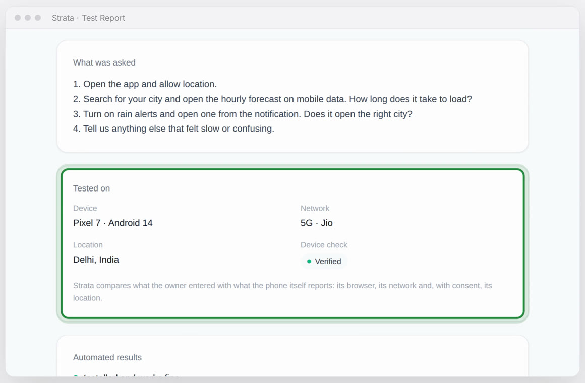 Test Report section showing what was asked and the device it was tested on: Pixel 7, Android 14, 5G Jio, Delhi, verified